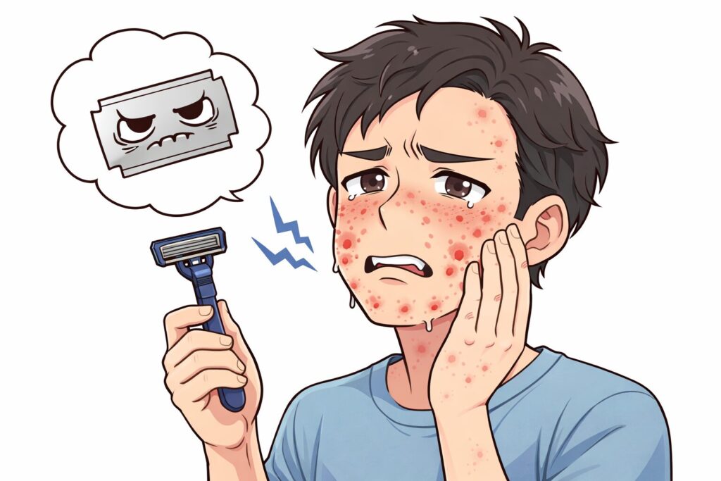 カミソリ負けして肌が荒れている男性